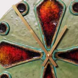 Unusual Hand Made Circular Khaki Sage Green Glazed Wall Clock With Inlaid Red Yellow Glass 25 cm Diameter - thumbnail 3