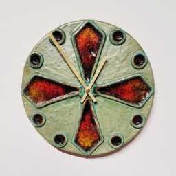 Unusual Hand Made Circular Khaki Sage Green Glazed Wall Clock With Inlaid Red Yellow Glass 25 cm Diameter - thumbnail 2