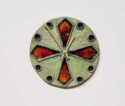 Unusual Hand Made Circular Khaki Sage Green Glazed Wall Clock With Inlaid Red Yellow Glass 25 cm Diameter - thumbnail 1