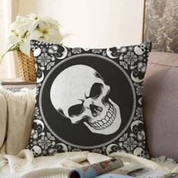 Floral Skull Pillow Cushion Cover, Black Gothic Halloween Case, Unique Spooky Accent, Goth Home Accessory, Dramatic Design Decor - thumbnail 2