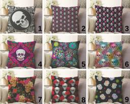 Floral Skull Pillow Cushion Cover, Black Gothic Halloween Case, Unique Spooky Accent, Goth Home Accessory, Dramatic Design Decor - thumbnail 1