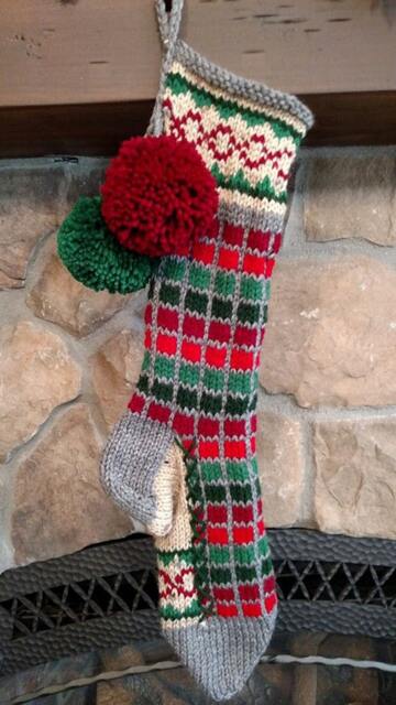 Hand Knit Christmas Stocking Gray Red Green Windowpane Check Stripe Chain Link Border By Santa's Works - image 1