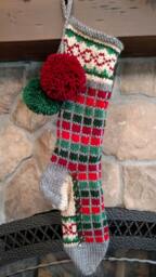 Hand Knit Christmas Stocking Gray Red Green Windowpane Check Stripe Chain Link Border By Santa's Works - thumbnail 1