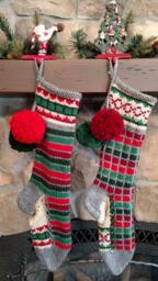 Hand Knit Christmas Stocking Gray Red Green Windowpane Check Stripe Chain Link Border By Santa's Works - thumbnail 2