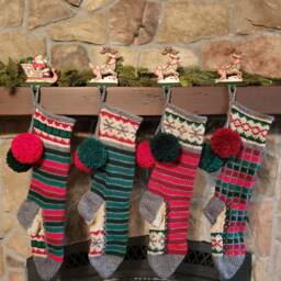 Hand Knit Christmas Stocking Gray Red Green Windowpane Check Stripe Chain Link Border By Santa's Works - thumbnail 3