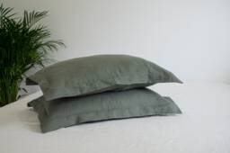 Two Green Oxford Pillowcases , 100% Pure Off White Linen Euro Shams Pillow Cover Softened Flax in Handmade
