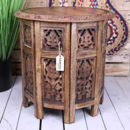 Rengali Large Mango Wood Side Table Leaf Carving - thumbnail 4