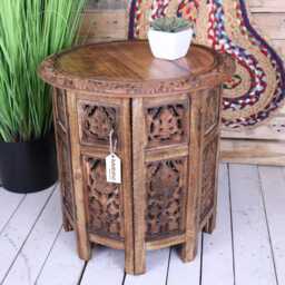 Rengali Large Mango Wood Side Table Leaf Carving - thumbnail 1