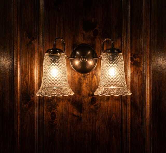 Dark Bronze Sconce With Retro Glass Shade, Patina Finish On Solid Brass Wall Lamp Wit Twin Shades - image 1