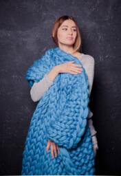 Chunky Knit Blanket, Handmade Gifts, Wool Knitted Throw, Super Bulky Bulky Gift, Blue - thumbnail 1