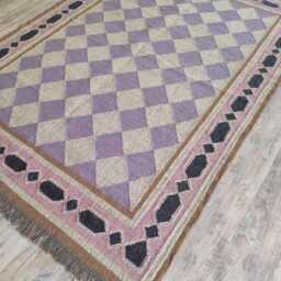 Purple Wool Jute Rug - Checkered Flatweave For Living Room/Bedroom Study - thumbnail 2