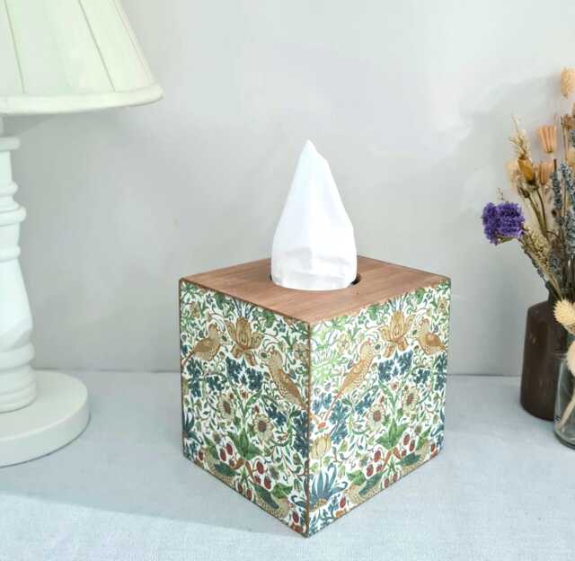 William Morris Floral Tissue Cover Box, Strawberry Thief Green Gold Birds Design, Hand Decorated - image 1