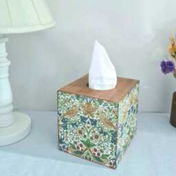 William Morris Floral Tissue Cover Box, Strawberry Thief Green Gold Birds Design, Hand Decorated - thumbnail 3