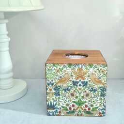William Morris Floral Tissue Cover Box, Strawberry Thief Green Gold Birds Design, Hand Decorated - thumbnail 2