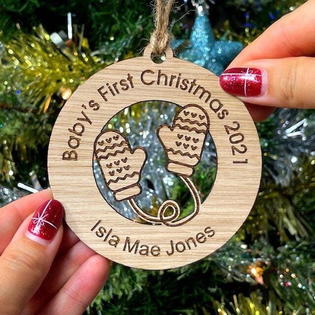 Personalised Baby's 1st First Christmas 2022 Xmas Tree Decoration/Bauble Ornament - Wooden Wood Engraved Oak, Cherry Or Walnut-Baby Name - image 1