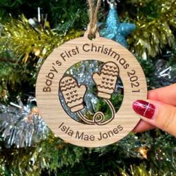 Personalised Baby's 1st First Christmas 2022 Xmas Tree Decoration/Bauble Ornament - Wooden Wood Engraved Oak, Cherry Or Walnut-Baby Name - thumbnail 2
