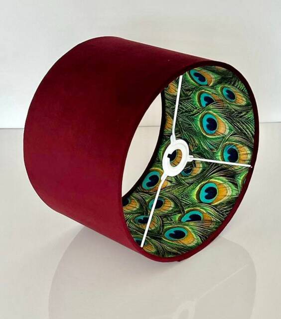 New Luxury Hq Double Sided Burgundy Red Velvet & Peacock Feathers Combination Lamp Shade Pendant Light - image 1