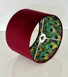 New Luxury Hq Double Sided Burgundy Red Velvet & Peacock Feathers Combination Lamp Shade Pendant Light - thumbnail 1