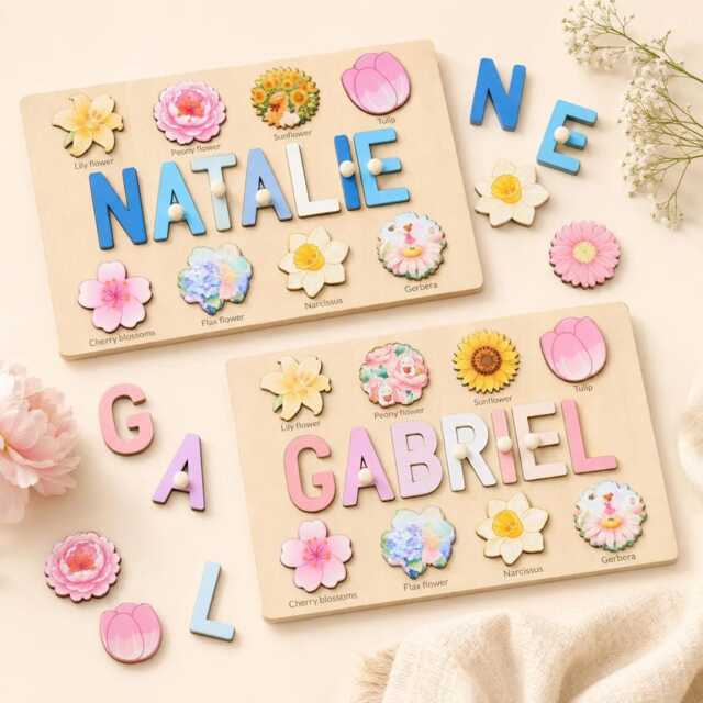 Personalized Wooden Name Puzzle - Custom Floral For Kids Montessori Learning Toy Baby Shower Gift Toddler Birthday - image 1