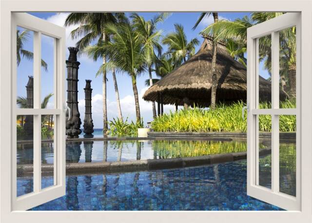 3D Window Frame Wall Decal, Tropical Beach Exotic View Mural, Living Room Home Decor Sticker