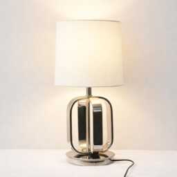 Table Lamp - Luxury Polished Chrome With Geometric Metal Base & Linen Shade - Contemporary Glam Accent Lighting - thumbnail 3