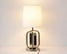 Table Lamp - Luxury Polished Chrome With Geometric Metal Base & Linen Shade - Contemporary Glam Accent Lighting