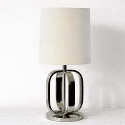 Table Lamp - Luxury Polished Chrome With Geometric Metal Base & Linen Shade - Contemporary Glam Accent Lighting - thumbnail 2
