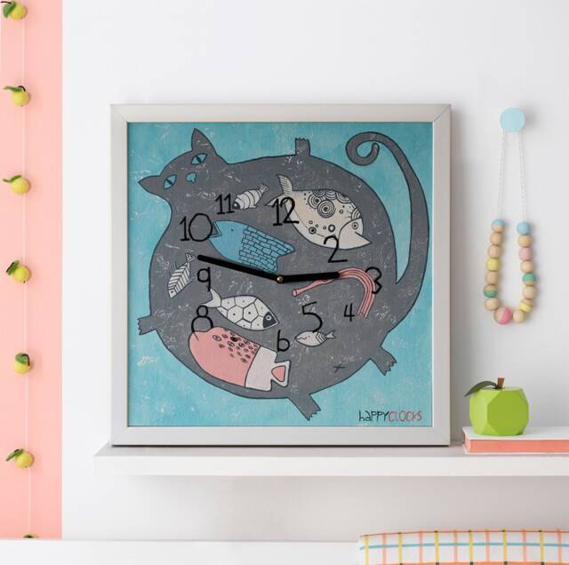 Hand-Painted Cat Wall Clock Fish Illustration, Kids Room Decor - image 1