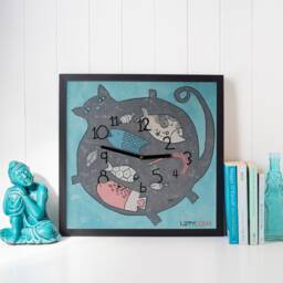 Hand-Painted Cat Wall Clock Fish Illustration, Kids Room Decor - thumbnail 2