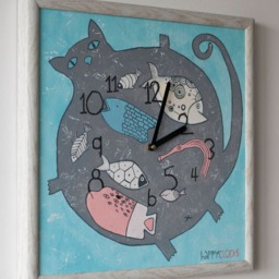 Hand-Painted Cat Wall Clock Fish Illustration, Kids Room Decor - thumbnail 3