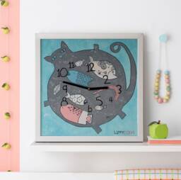 Hand-Painted Cat Wall Clock Fish Illustration, Kids Room Decor