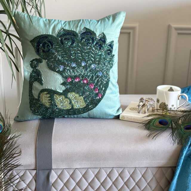 Blue Art Silk Beaded Birds Pattern Traditional Style Throw Pillow Cover - Peacock Glam - image 1