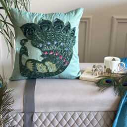 Blue Art Silk Beaded Birds Pattern Traditional Style Throw Pillow Cover - Peacock Glam - thumbnail 1