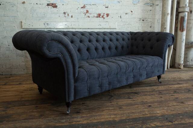 3 Seater Charcoal Grey Linen Fabric Chesterfield Sofa, British Handmade - image 1