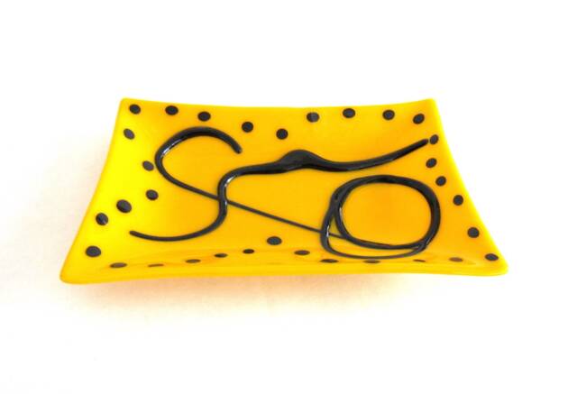 Glass Soap Trinket Dish Yellow Black Large Soapdish Fused Art Studio Kiln Fired Bathroom Accessories Home Decor Dawn Of Creation - image 1