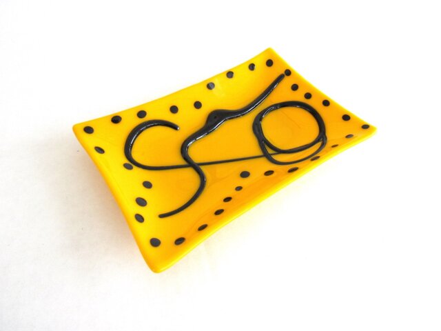 Glass Soap Trinket Dish Yellow Black Large Soapdish Fused Art Studio Kiln Fired Bathroom Accessories Home Decor Dawn Of Creation - image 1