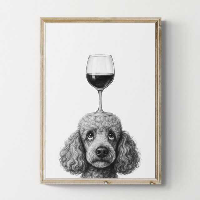 Poodle Dog Art Print, Funny & Wine Drawing, Lover Wall Decor, Lovers Gifts - image 1