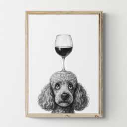 Poodle Dog Art Print, Funny & Wine Drawing, Lover Wall Decor, Lovers Gifts - thumbnail 1