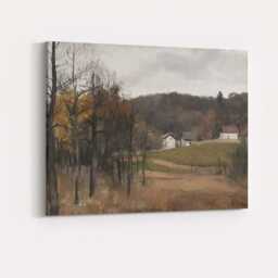 Muted Countryside Farmhouse Landscape With Autumn Woodland Canvas Wall Art Print Decor Picture Ready To Hang - thumbnail 4