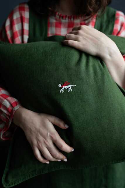 Hand Embroidered Linen Pillowcase Forest Green Christmas Decor - image 1
