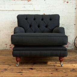 Charcoal Herringbone Wool Chesterfield Armchair/Lounge Chair - British Handmade - thumbnail 2