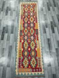 Colourful Runner Rug, Handmade Artisan Afghan Turkish Scandinavian Navajo Bohemian Flatweave Wool Multicolour Kilim Rug 294x80 cm - thumbnail 1