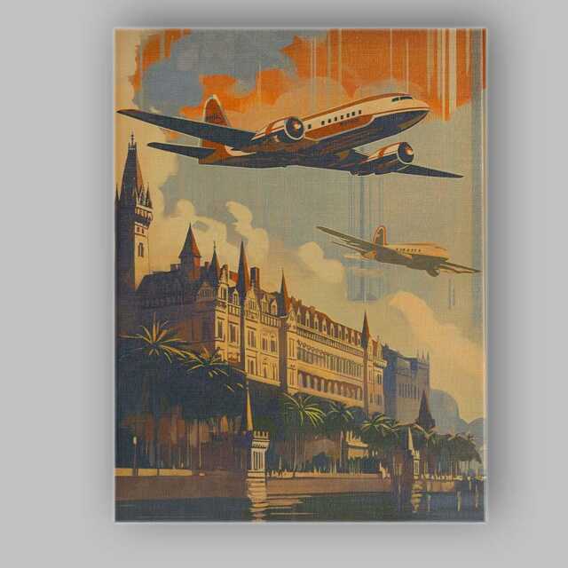 Retro Airplane Over Historic European City Travel Poster Canvas Wall Art Print Decor Picture Ready To Hang - image 1