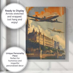 Retro Airplane Over Historic European City Travel Poster Canvas Wall Art Print Decor Picture Ready To Hang - thumbnail 3