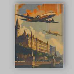 Retro Airplane Over Historic European City Travel Poster Canvas Wall Art Print Decor Picture Ready To Hang - thumbnail 1