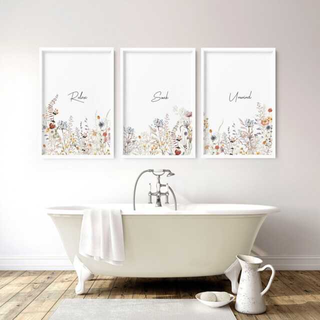 Bathroom Wall Art Decor, Framed Set Of 3 Pieces, Spa Themed Decor, Botanical French Country Bathroom Print, Relax Sign - image 1