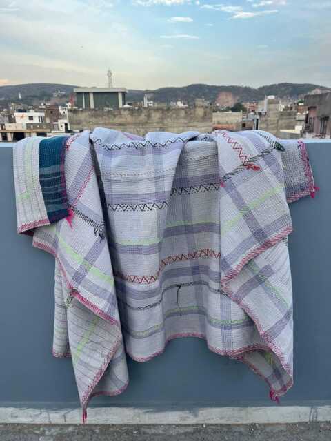 Vintage-Inspired Cotton Kantha Quilt - Block Printed Patchwork Bed Cover - image 1