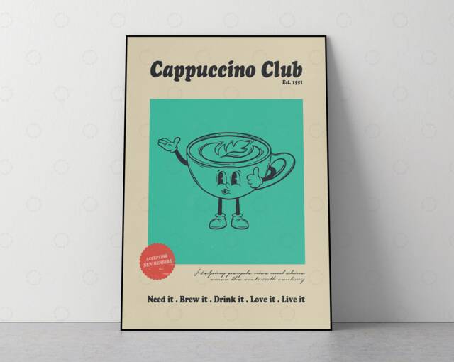 Cappuccino Club Print Retro Coffee Poster, Modern Kitchen Art - image 1