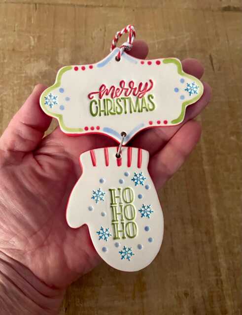 Handmade Ceramic Christmas Ornament, Mitten & Merry - image 1