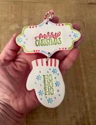 Handmade Ceramic Christmas Ornament, Mitten & Merry
